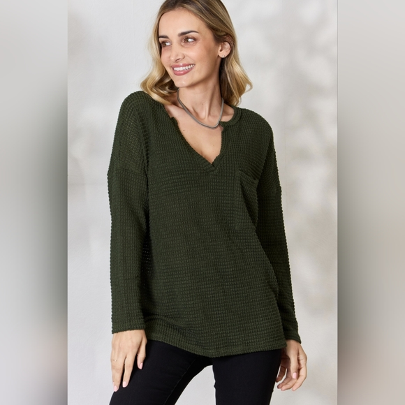BiBi Designer Olive Notched Popcorn Waffle V-Neck Long Sleeve Top - Picture 3 of 7